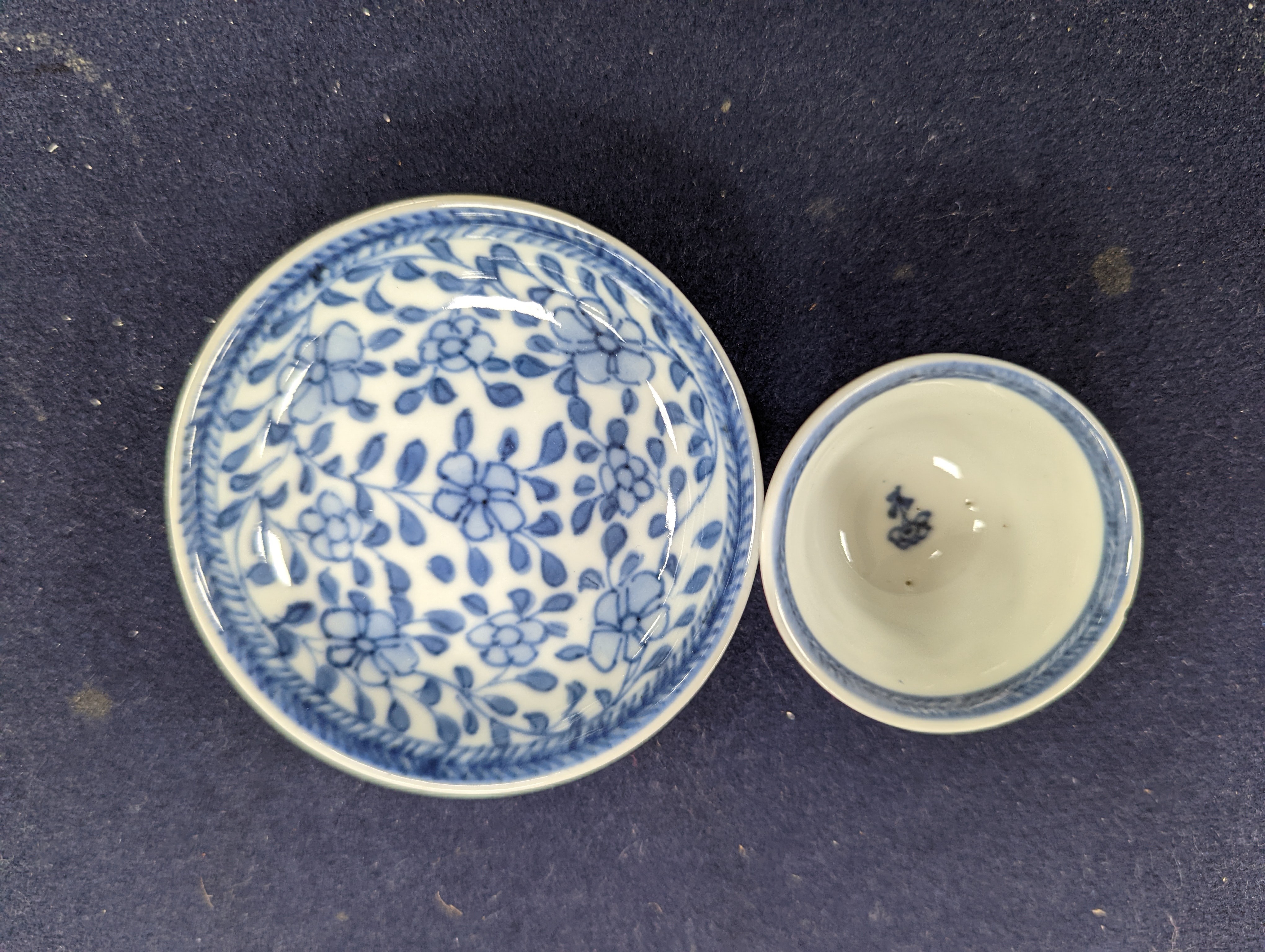 Six Chinese export porcelain teabowls and saucers, Kangxi to early Qianlong period. Provenance - Mona Sattin collection of miniature cups and saucers, collection no.s 310, 317, 324-326 and 328.